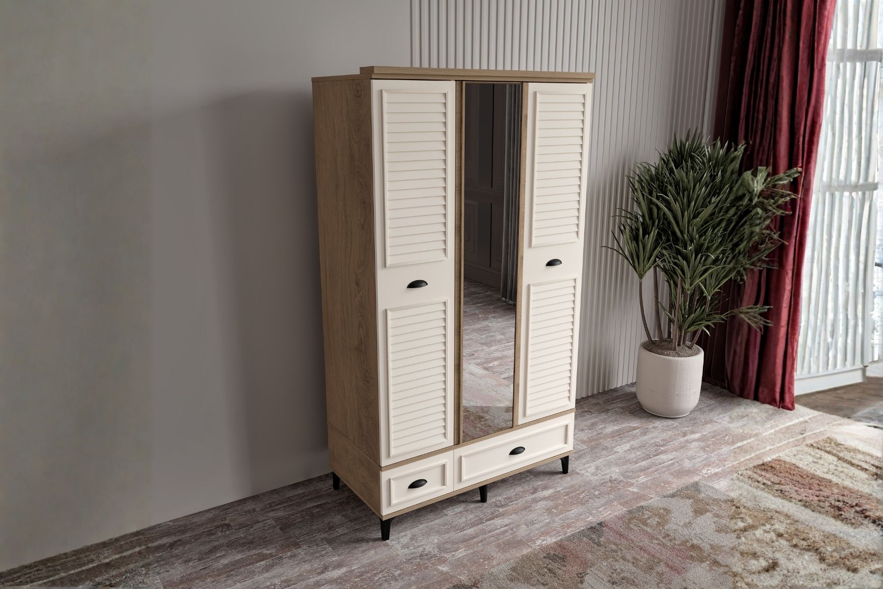 Char Walnut 3 Kapılı Aynalı Gardırop 