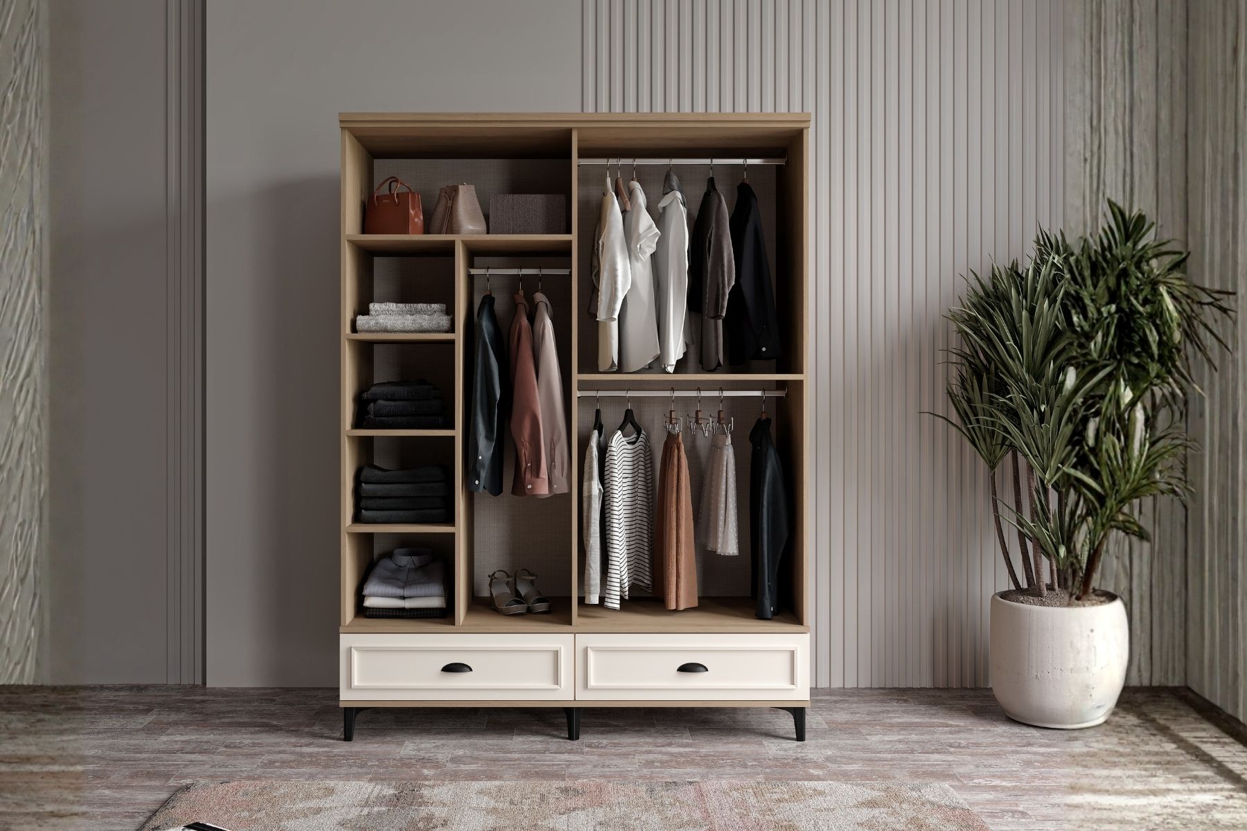 Char Walnut 4 Kapılı Aynalı Gardırop 