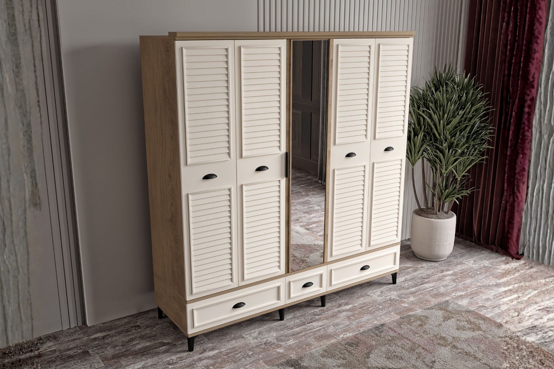 Char Walnut 5 Kapılı Aynalı Gardırop 