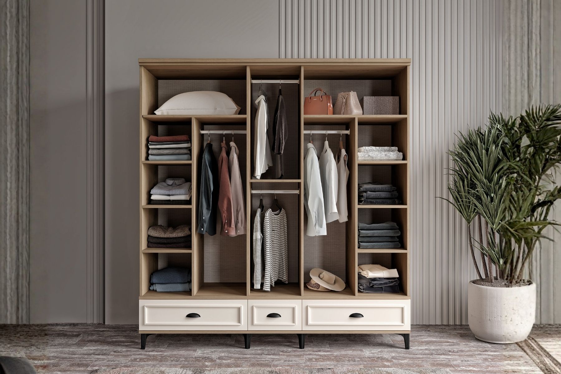 Char Walnut 5 Kapılı Aynalı Gardırop 