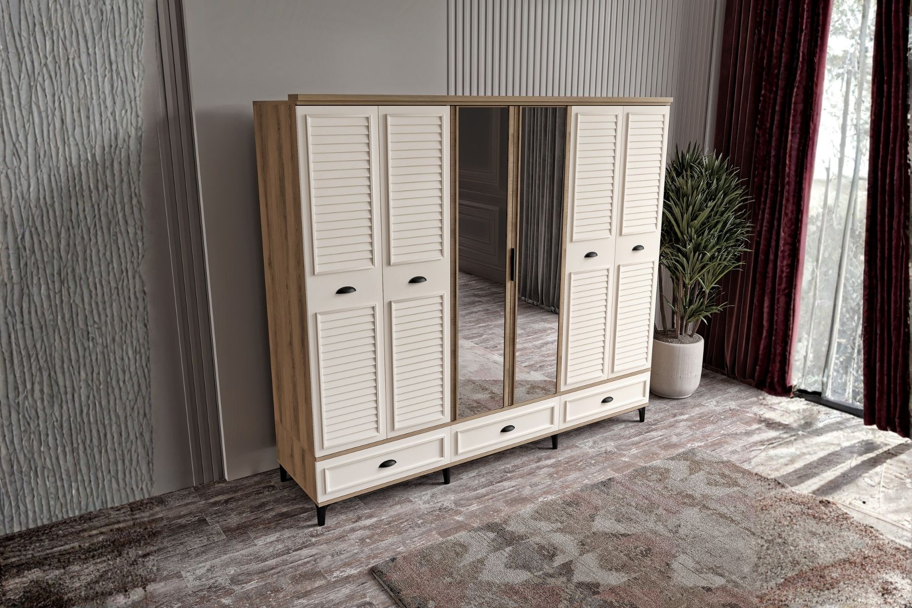 Char Walnut 6 Kapılı Aynalı Gardırop 