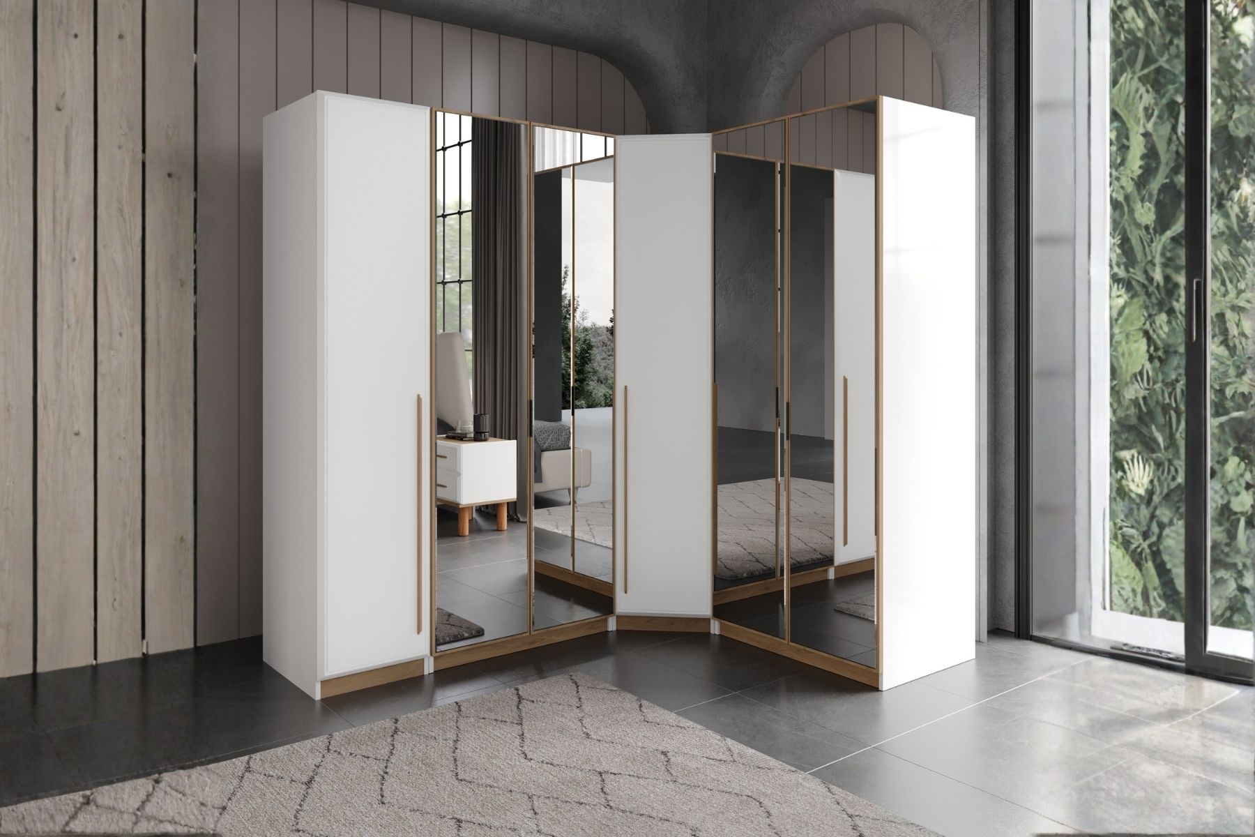 Lucca 6 Kapılı Aynalı Köşe Gardırop 