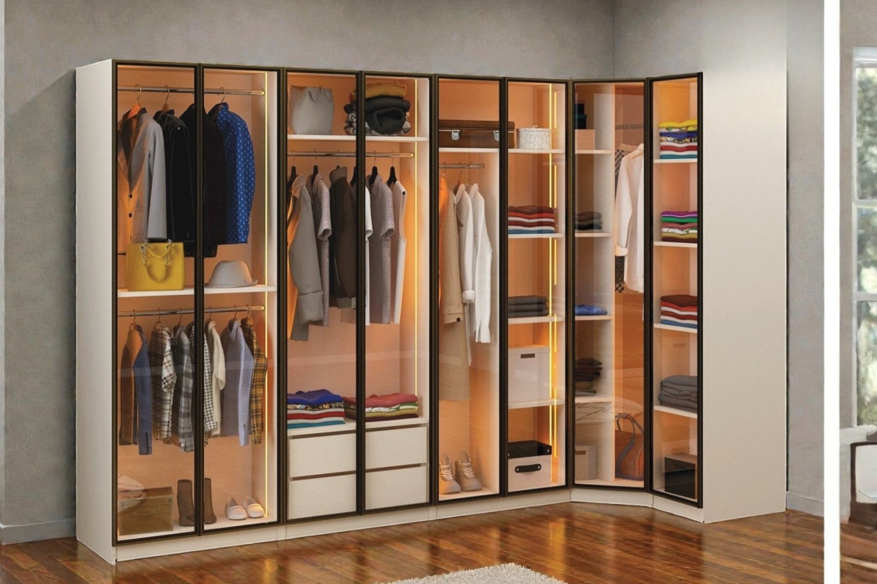 Novis 8 Kapılı Reflekte Camlı Köşe Gardırop